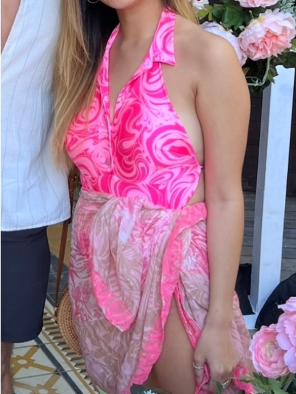 Frankie’s Bikinis Pink Swirl Halter One-Piece Swimsuit